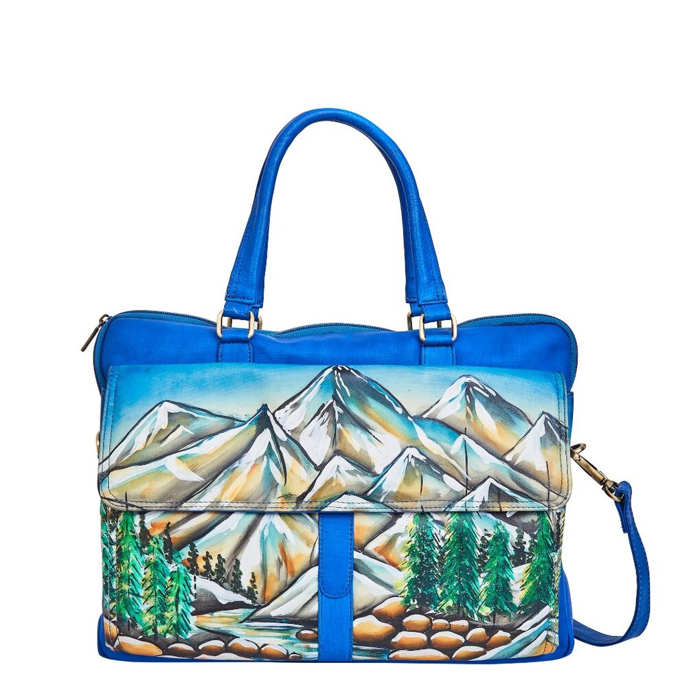 Hand-Painted Leather Women Blue Top Handle Briefcase Bag, Business Crossbody Bag